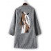 Horse Printed Long Sleeve Open Front Women Pocket Woolen Coat