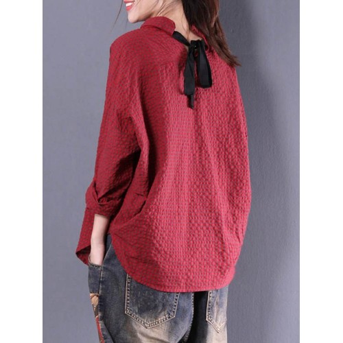 M-5XL Casual Women Back Lace-Up Loose Plaid Blouse