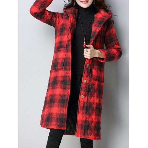 Women Plaid Pockets Button Thicken Hooded Long SleeveThicken Coats