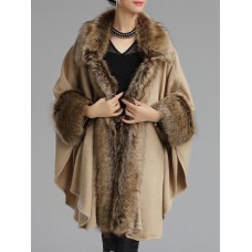 Women Faux Fur Collar Knitted Winter Shawl Cloak Coat