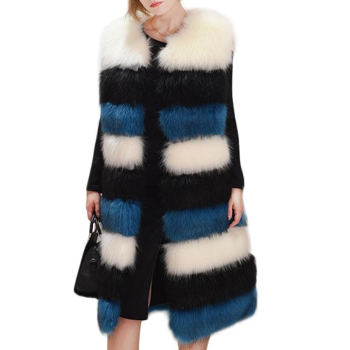 Casual Women Sleeveless Color Block Warm Faux Fur Coat