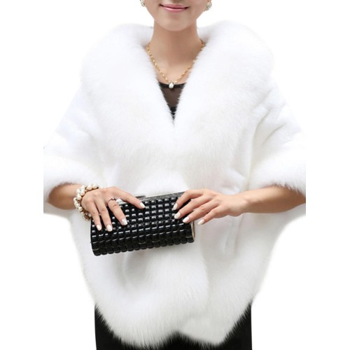 Elegant Women Solid Color Batwing Sleeve Faux Fur Shawl Cloak