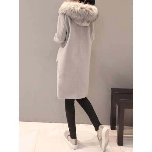 Elegant Women Faux Fur Hooded Thicken Woolen Mid-long Coats