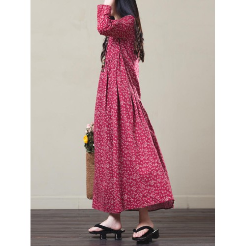 Vintage Women Full Sleeve Floral Printed Maxi Dress