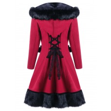 Casual Women Back Lace Up Long Sleeve Faux Fur Patchwork Hooded Coat