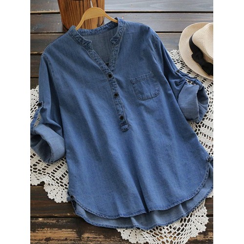 Women Casual Buttons Adjustable Sleeve Denim Blouse