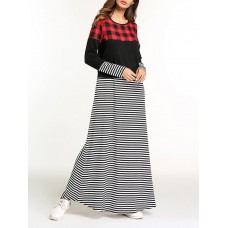 Casual Slim Women O-Neck Plaid Stripe Patchwork Maxi Dress