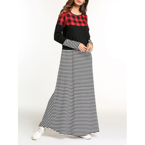 Casual Slim Women O-Neck Plaid Stripe Patchwork Maxi Dress