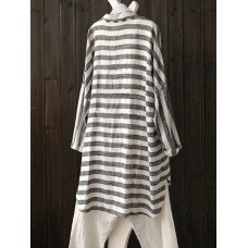 Women Long Sleeve Stripe Buttons Down Loose Cotton Blouse