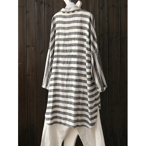 Women Long Sleeve Stripe Buttons Down Loose Cotton Blouse