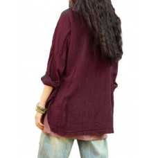 Vintage Women Pockets Pure Color Loose Long Sleeve Cotton Blouse