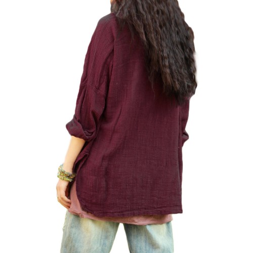 Vintage Women Pockets Pure Color Loose Long Sleeve Cotton Blouse