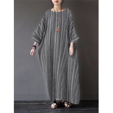 S-5XL Vintage Women Cotton Loose Striped Long Sleeve Dress