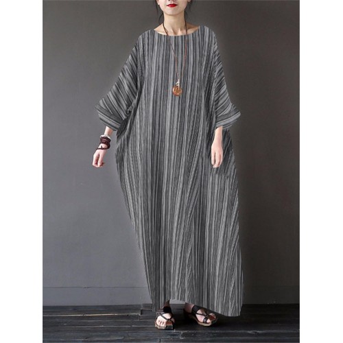 S-5XL Vintage Women Cotton Loose Striped Long Sleeve Dress