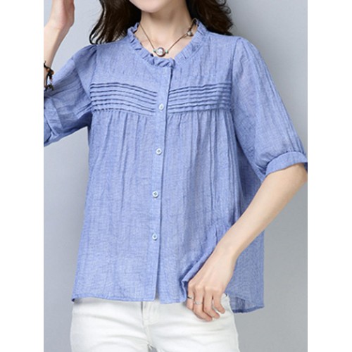 Casual Women Loose Cotton O-Neck Half Sleeve Button Blouse