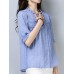 Casual Women Loose Cotton O-Neck Half Sleeve Button Blouse