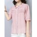 Casual Women Loose Cotton O-Neck Half Sleeve Button Blouse