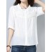 Casual Women Loose Cotton O-Neck Half Sleeve Button Blouse