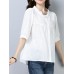 Casual Women Loose Cotton O-Neck Half Sleeve Button Blouse