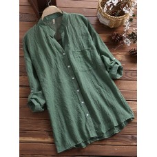 Vintage Women Buttons Long Adjustable Sleeve Linen Cotton Shirts