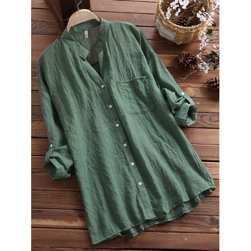 Vintage Women Buttons Long Adjustable Sleeve Linen Cotton Shirts