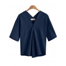 Women Short Sleeve V-neck Buttons Loose Blouse