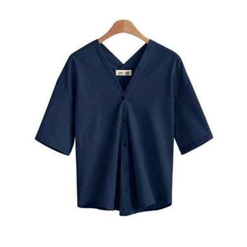 Women Short Sleeve V-neck Buttons Loose Blouse