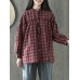 Vintage Plaid Button Down Stand Collar Stitching Blouse