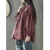 Vintage Plaid Button Down Stand Collar Stitching Blouse