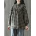 Vintage Plaid Button Down Stand Collar Stitching Blouse