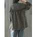 Vintage Plaid Button Down Stand Collar Stitching Blouse