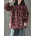 Vintage Plaid Button Down Stand Collar Stitching Blouse