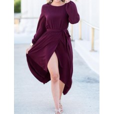 Elegant Women High Split Front Cross Irregular Hem Long Sleeve Dress with Belt