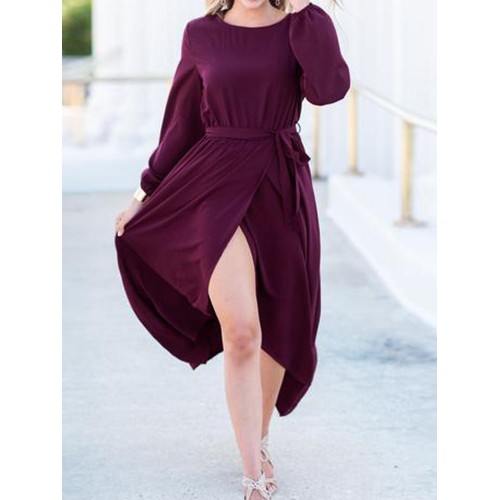 Elegant Women High Split Front Cross Irregular Hem Long Sleeve Dress with Belt