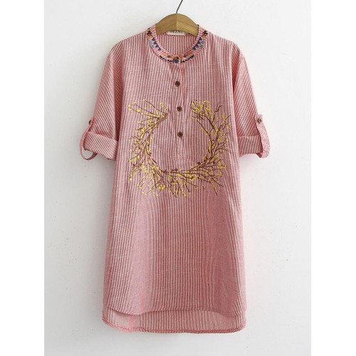 Women Embroidered Striped Casual Irregular Hem Button Blouse