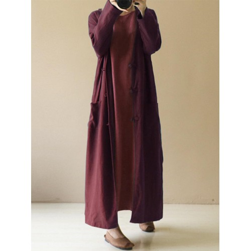 Women Autumn Plate Buckle Long Sleeve Vintage Outwears Coats