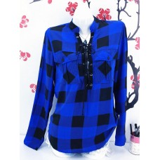 Casual Long Sleeve Lace Up Bandage Autumn Plaid Blouse