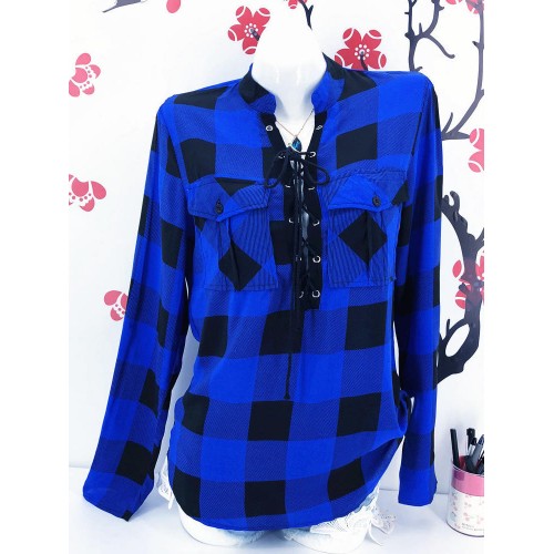 Casual Long Sleeve Lace Up Bandage Autumn Plaid Blouse