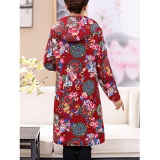 Women Floral Print Buttons Long Sleeve Hooded Coats