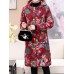 Women Floral Print Buttons Long Sleeve Hooded Coats