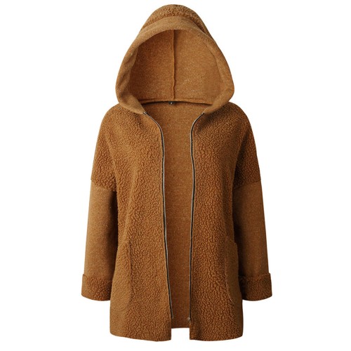 Patchwork Pure Color Fleece Long Sleeve Hooded Coats For Women