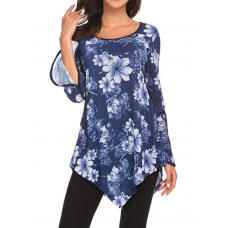 Retro Women Loose Floral Print Crew Neck Irregular Hem Long Sleeve Blouse