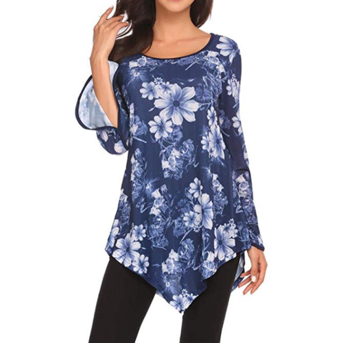 Retro Women Loose Floral Print Crew Neck Irregular Hem Long Sleeve Blouse