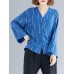 Women Casual Stripe V-neck Long Sleeve Irregular Blouse