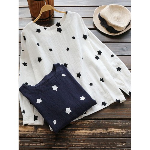 Women Long Sleeve Star Print Crew Neck Cotton Vintage Blouse