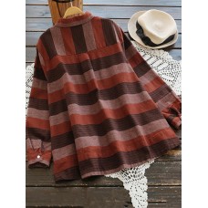 Casual Women Linen Loose Striped High Low Hem Button Long Sleeve Blouse