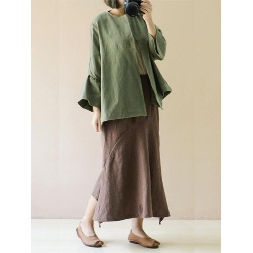 S-5XL Women Casual Loose Cotton Solid Color Long Sleeve Cardigans