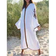 Retro Women Loose Folk Style V-Neck Long Sleeve Maxi Dress