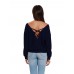 Sexy Women Solid Color Back V-Neck Cross Knit Blouse