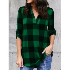 Casual Women Plaid V-neck Long Adjustable Sleeve Blouse